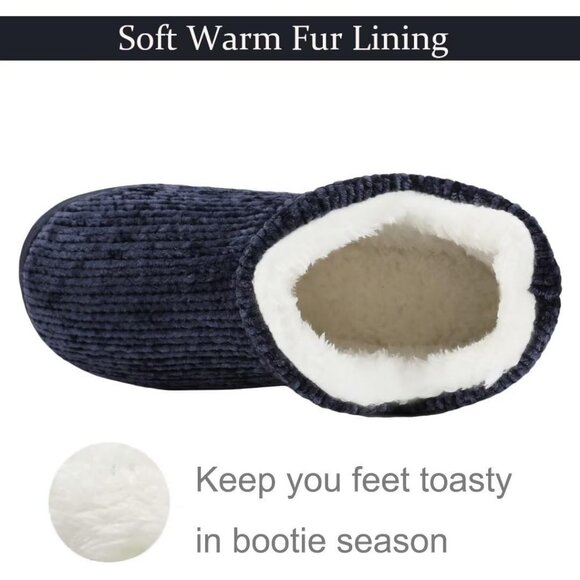 Women's Winter Warm Dark Blue Fluffy Fur Lined Plush Bootie Slippers Shoes - Picture 5 of 7